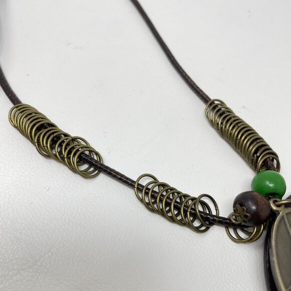 Handmade Boho Necklace With Leaf & Circle Pendants Double Layered Brown & Bronze - Picture 6 of 10